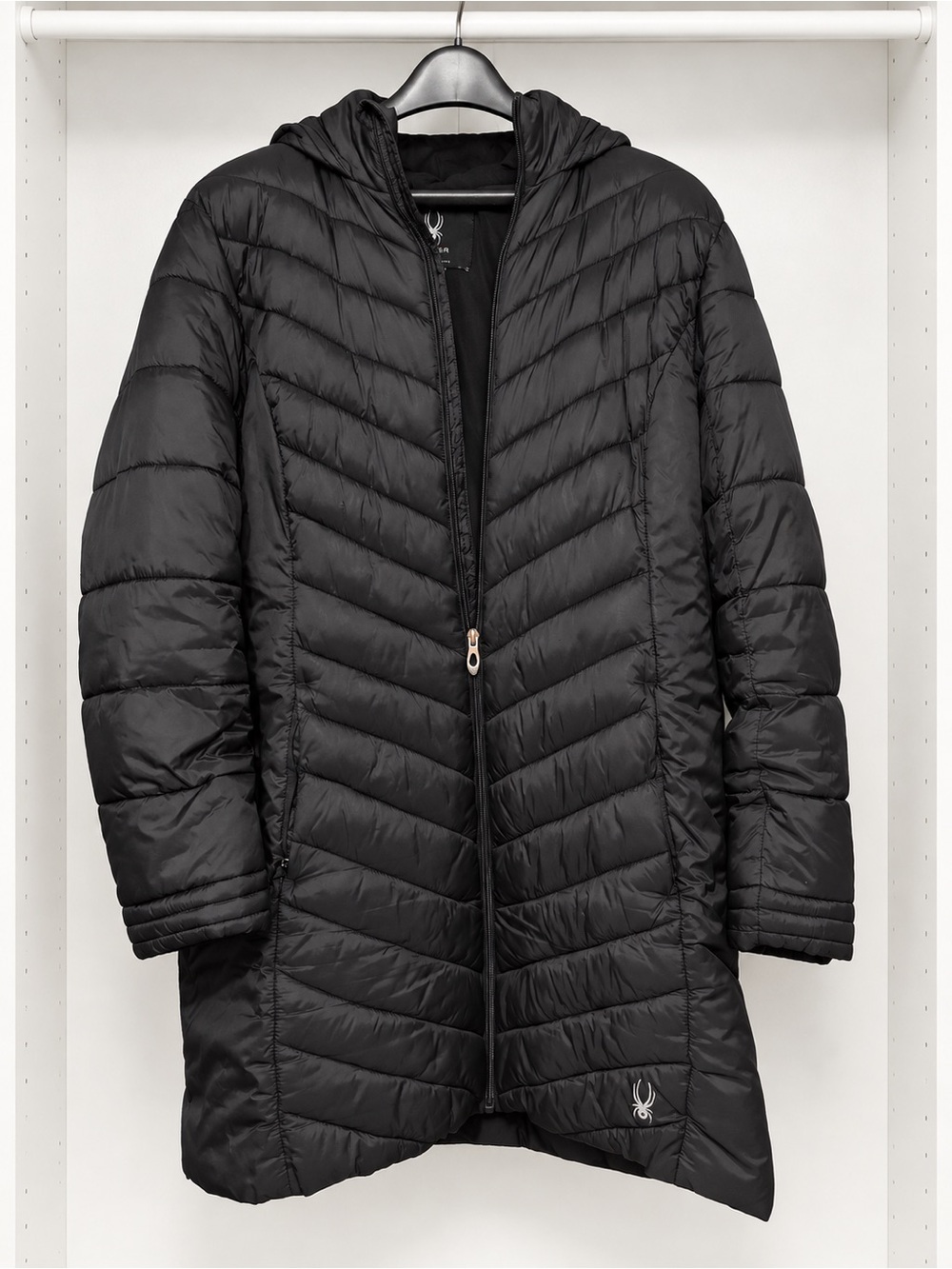 Spyder long black hooded puffer, women’s XL.